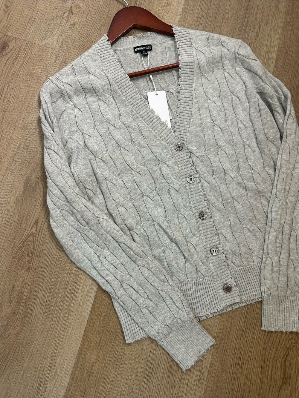 Minnie Rose 100% Cotton Heather Gray Cable Knit Distressed Button Down Cardigan